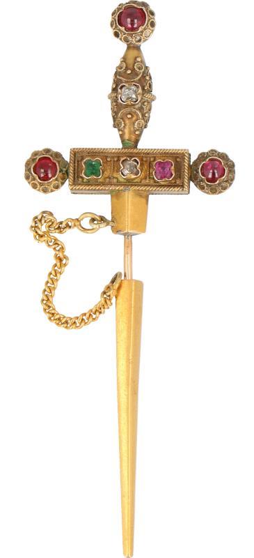 Antieke reversspeld geelgoud, ca. 0,03 ct. diamant, smaragd en robijn - 18 kt.