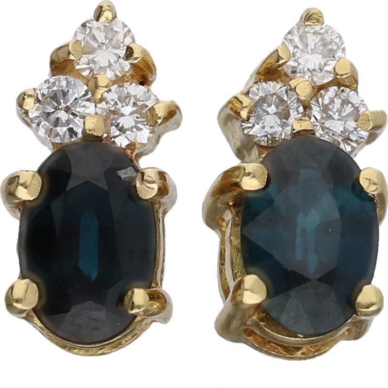 Oorstekers geelgoud, ca. 0,12 ct. diamant en saffier - 14 kt.