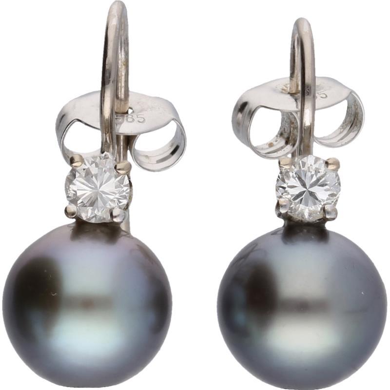 Parel oorstekers witgoud, ca. 0,26 ct. diamant en cultivé Tahiti parel - 14 kt.