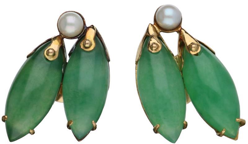 Vintage oorstekers geelgoud, jadeite en cultivé parel - 14 kt.