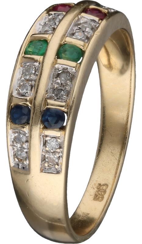 Dubbele rij ring geelgoud, ca. 0,16 ct. diamant, saffier, smaragd en robijn - 14 kt.