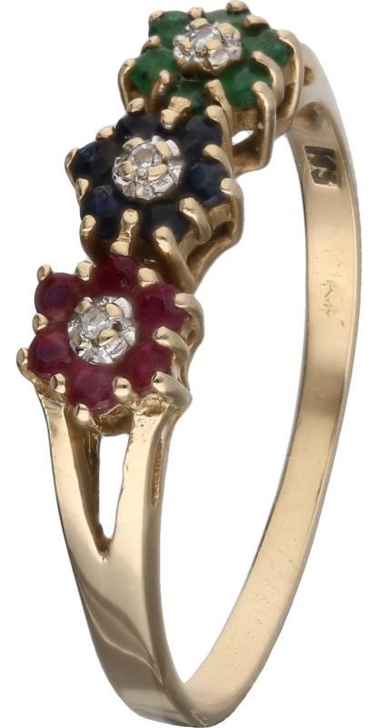 Rij ring geelgoud, ca. 0,015 ct. diamant, saffier, smaragd en robijn - 14 kt.