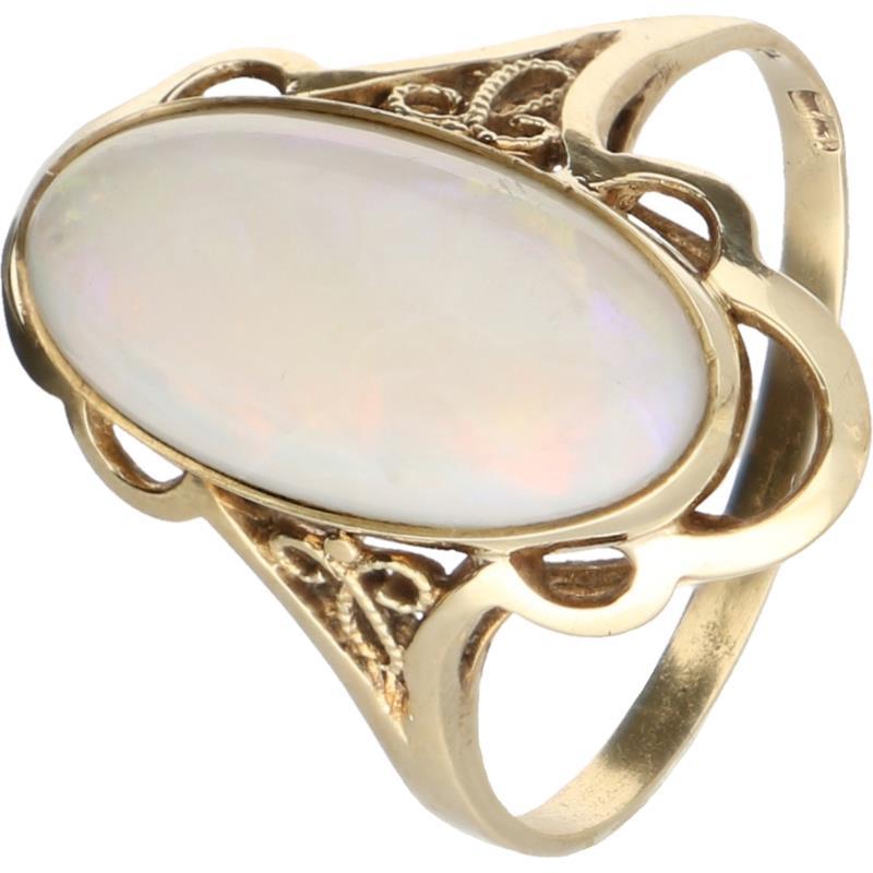 Solitair ring geelgoud, witte opaal - 14 kt.