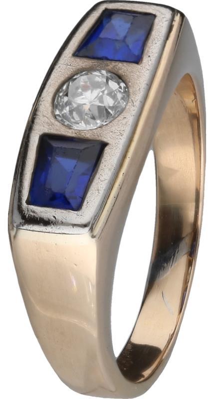 3 steens ring geelgoud, ca. 0,36 ct. diamant en blauwe saffier - 14 kt. en BWG.
