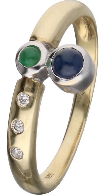 Ring geelgoud, ca. 0,03 ct. diamant, saffier en smaragd - 14 kt.