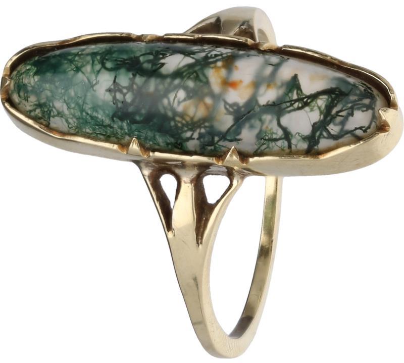 Ovale ring geelgoud, mosagaat - 14 kt.