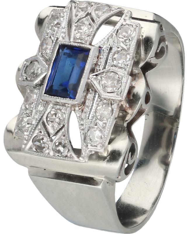 Art Deco tank ring witgoud, ca. 0,18 ct. diamant en saffier - 18 kt.