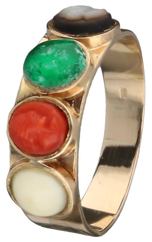 Cameé ring geelgoud, diverse edelstenen, waaronder hemathiet, bloedkoraal en smaragd - 14 kt.