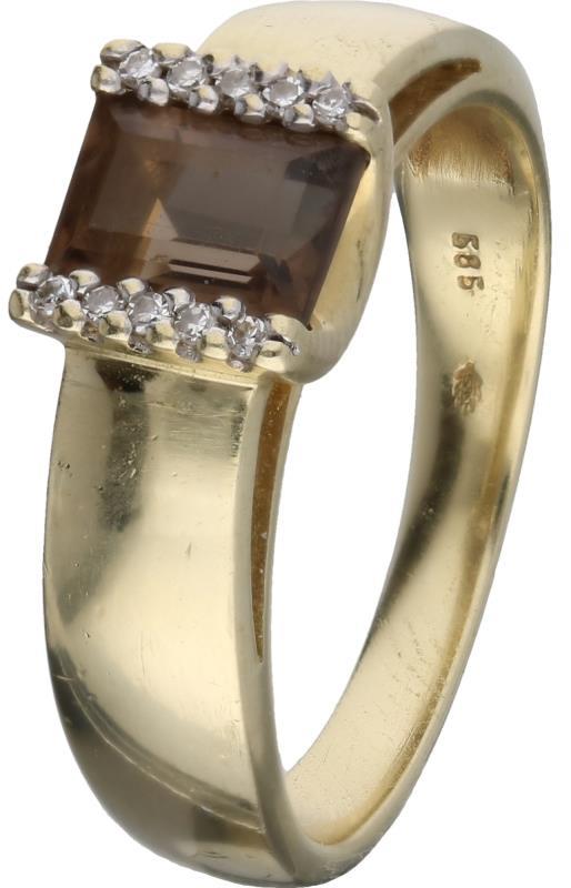Ring geelgoud, ca. 0,05 ct. diamant en rookkwarts - 14 kt.