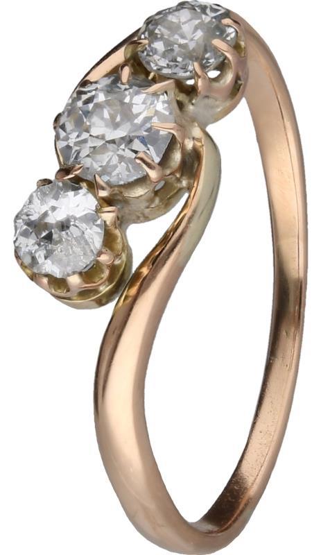 3 steens ring roségoud, ca. 0,58 ct. diamant - 14 kt.