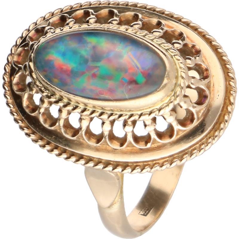 Ovale ring geelgoud, blauwe opaal - 14 kt.