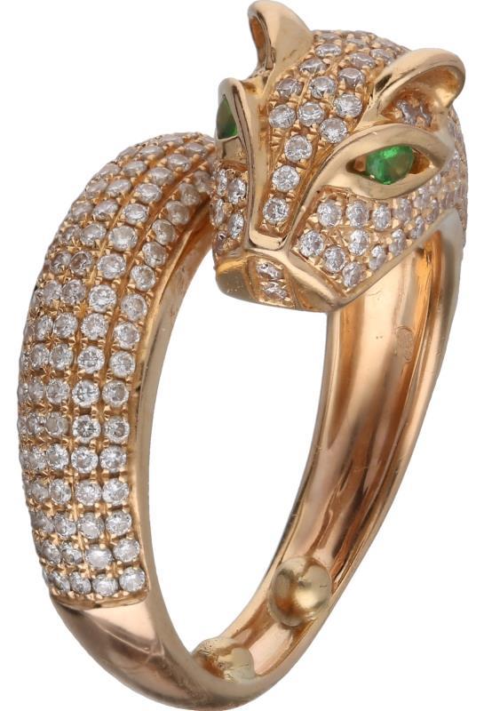 Panter ring geelgoud, vermoedelijk Cartier, ca. 0,52 ct. diamant en smaragd - 18 kt.