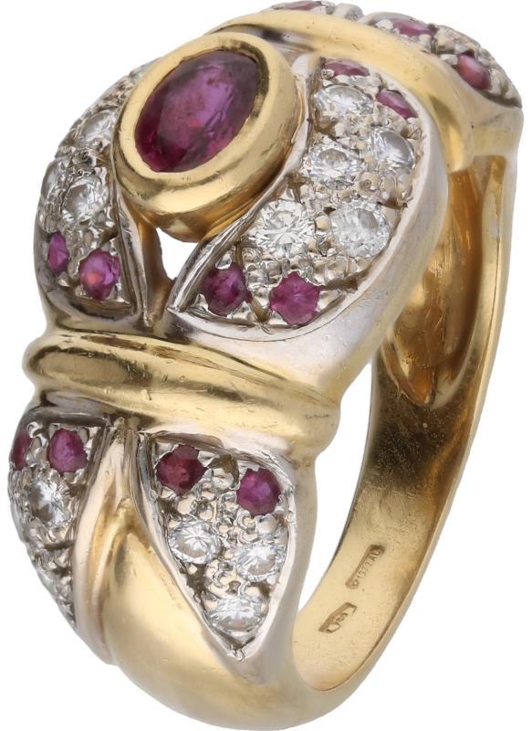 Vintage ring geelgoud, ca. 0,44 ct. diamant en robijn - 18 kt.