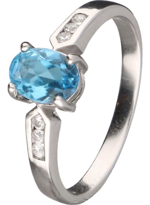 Shoulder ring witgoud, blauwe topaas en zirkonia - 14 kt.
