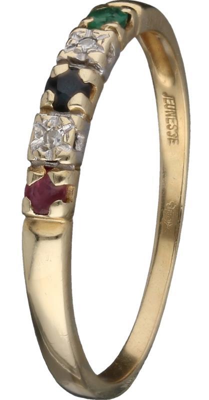 Jeunesse rij ring geelgoud, ca. 0,01 ct. diamant, saffier, smaragd en robijn - 14 kt.