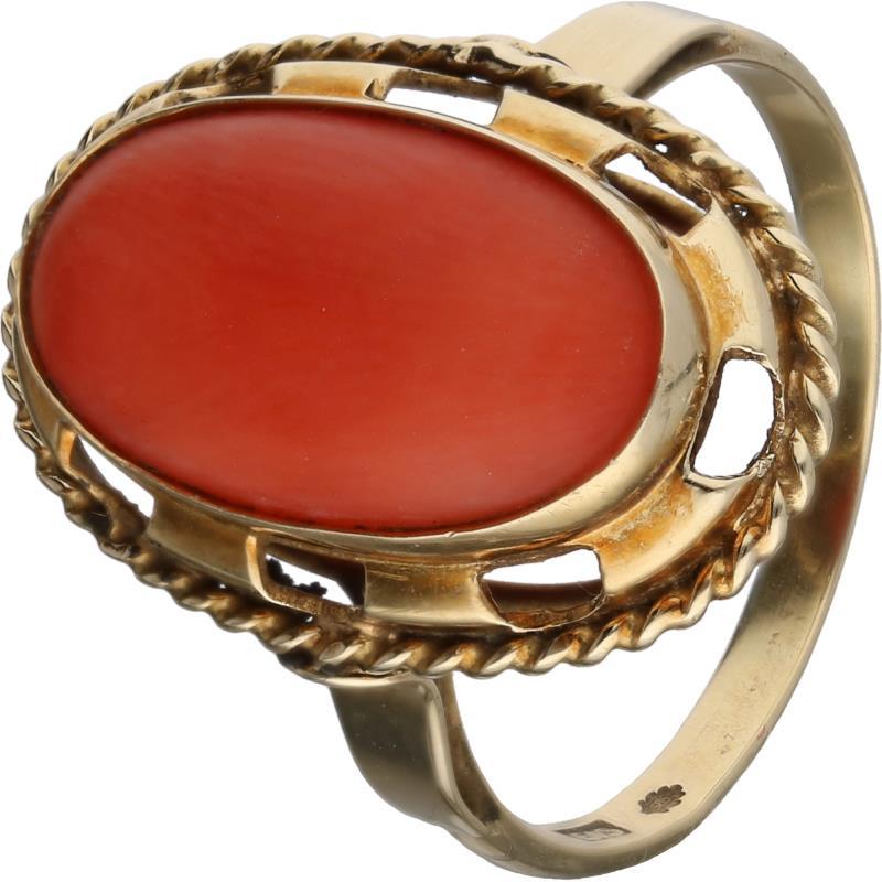 Antieke ring geelgoud, bloedkoraal - 14 kt.