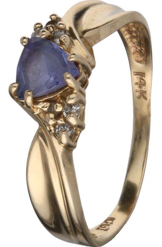 Vintage ring geelgoud, ca. 0,06 ct. diamant en paarse siersteen - 14 kt.