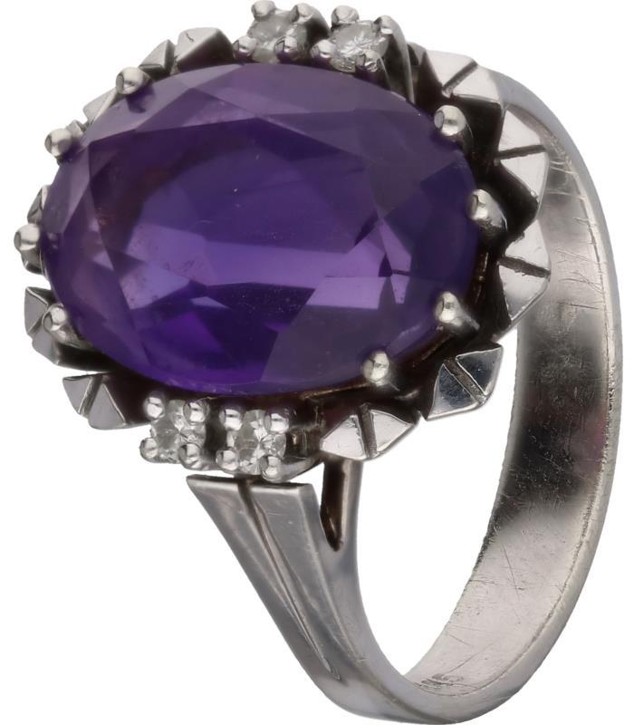 Solitair ring witgoud, witte saffier en paarse siersteen - 14 kt.