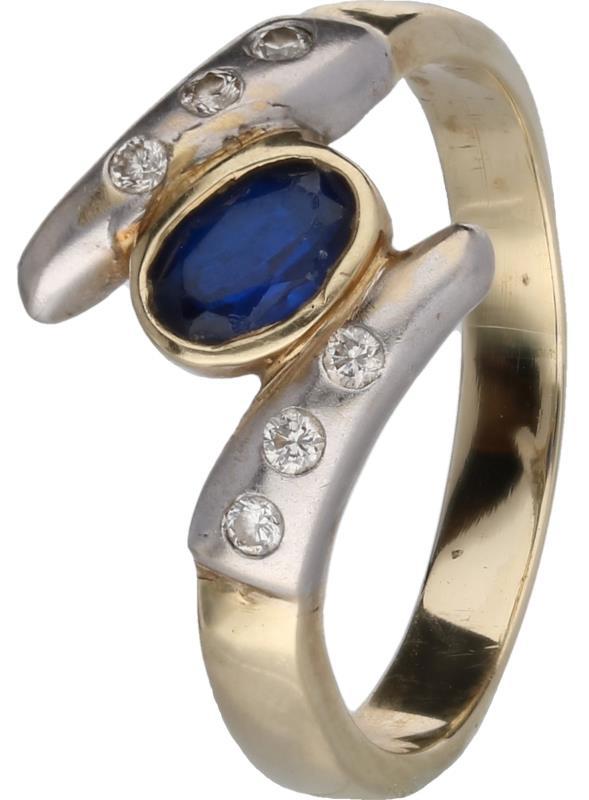 Slag ring bicolor goud, ca. 0,12 ct. diamant en synthetische saffier - 14 kt. en BWG 10 kt.