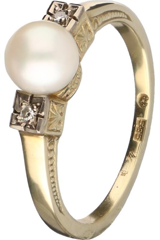 3 steens ring geelgoud, ca. 0,02 ct. diamant en cultivé parel - 14 kt.