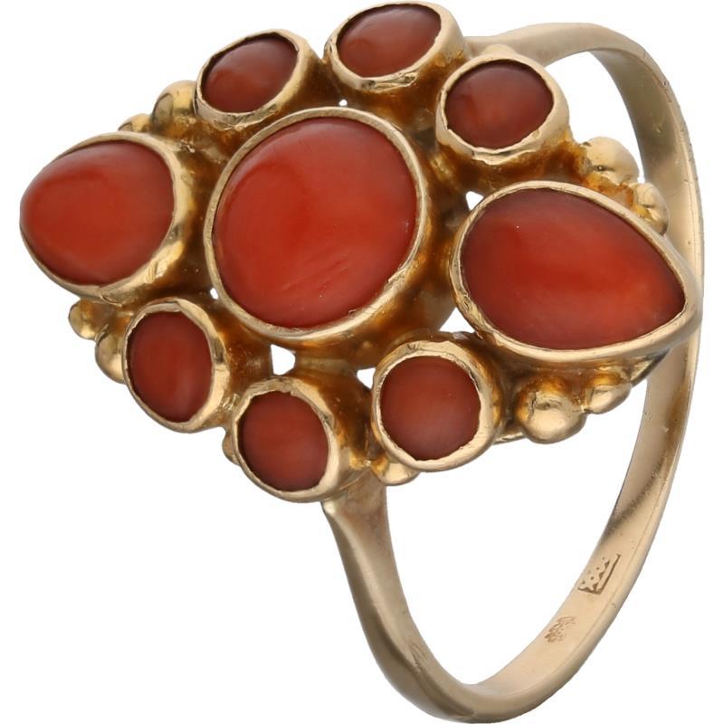 Antieke ring geelgoud, bloedkoraal - 14 kt.