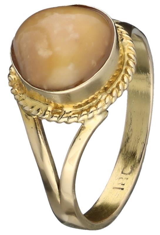 Vintage ring geelgoud, bruine jade - 18 kt.