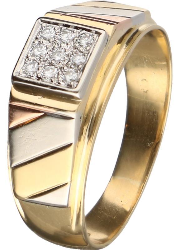 Zegel herenring tricolor goud, ca. 0,09 ct. diamant - 18 kt.