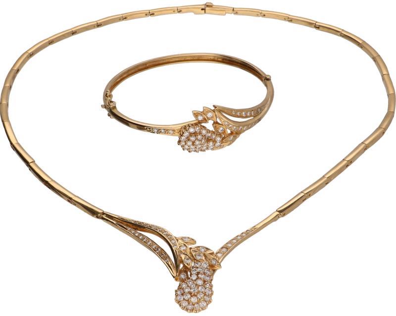 Stijlvolle collier / armband geelgoud, ca. 1,8 ct. diamant - 18 kt.