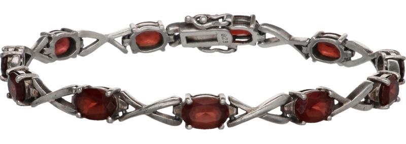 Schakel armband zilver, oranje/rode siersteen - 925/1000.