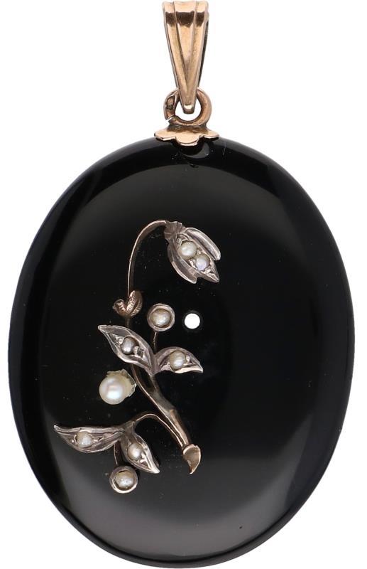 Medaillon hanger zilver, onyx en zaadparel - BWG 10 kt.