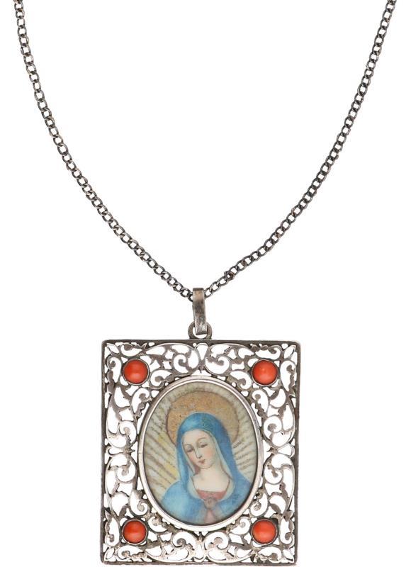 Religieuze collier met hanger zilver, bloedkoraal - 925/1000.