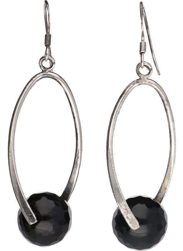 Oorhangers zilver, zwart/bruine siersteen - 925/1000.
