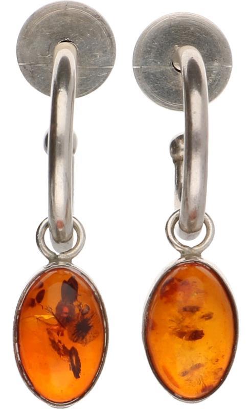 Halve creolen oorhangers zilver, barnsteen - 925/1000.