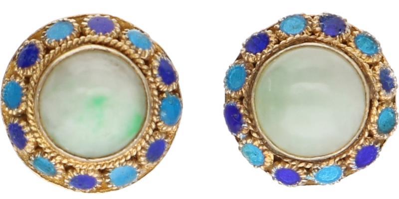 Antieke oorstekers zilver, jade en blauwe emaille - Verguld zilver 925/1000.