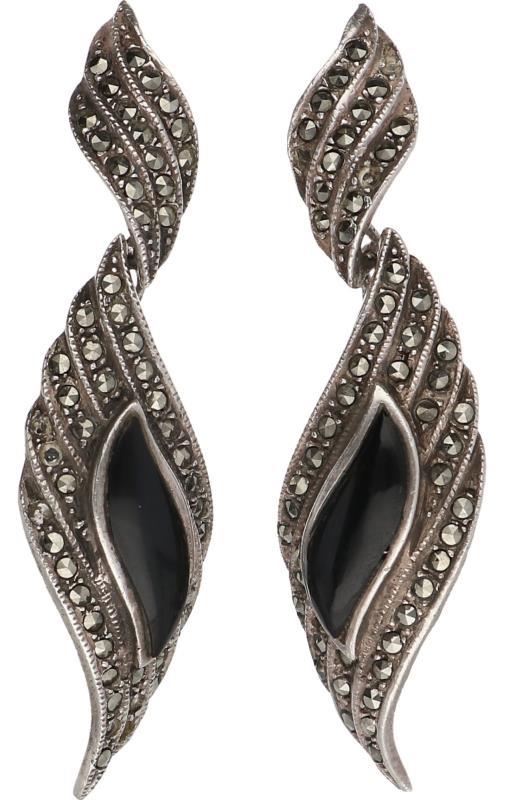 Vintage oorhangers zilver, zwarte onyx en markasiet - 925/1000.