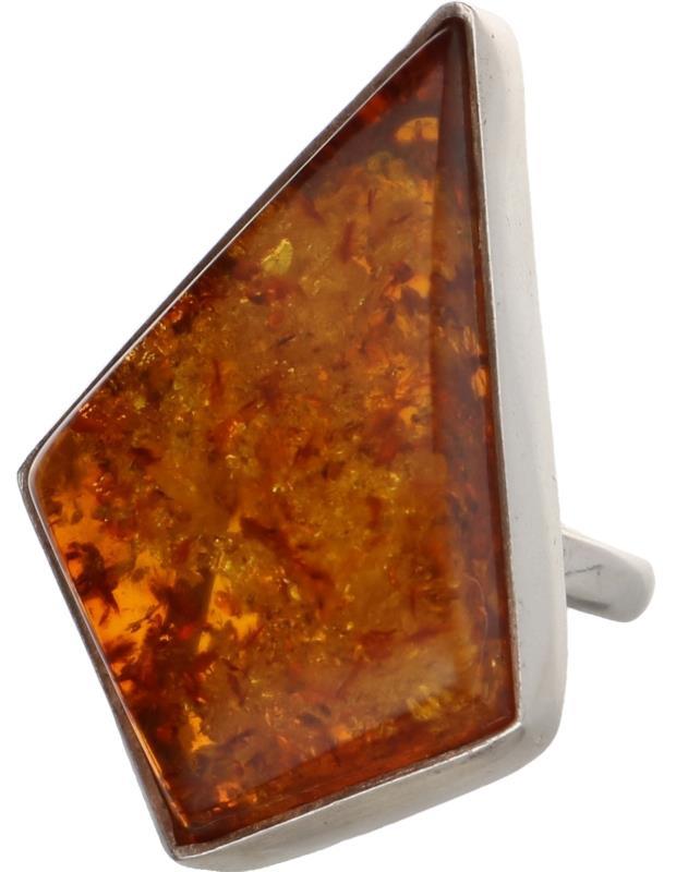 Solitair ring zilver, barnsteen - 925/1000.