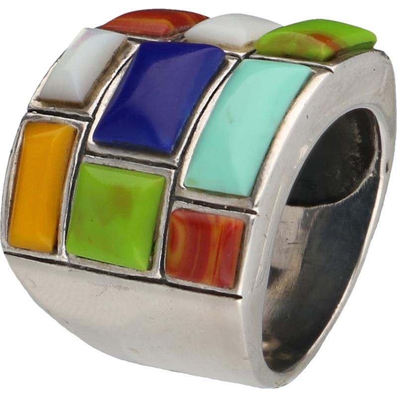 Symbols blok ring zilver, gekleurde sierstenen - 925/1000.
