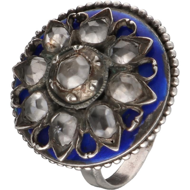 Antieke ring zilver, witte saffier en blauwe emaille - 925/1000.