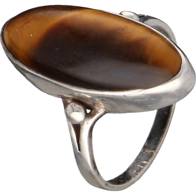 Ovale ring zilver, tijgeroog - 925/1000.