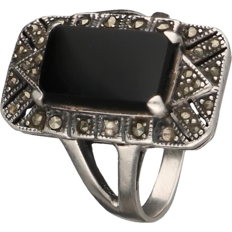 Vintage ring zilver, zwarte onyx en markasiet - 925/1000.