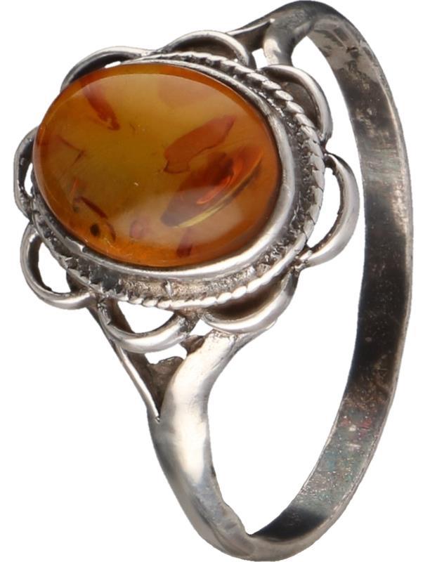 Solitair ring zilver, barnsteen - 925/1000.