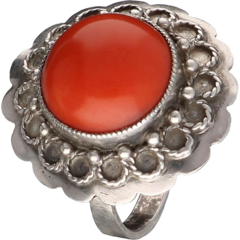Rozet ring zilver, bloedkoraal - 925/1000.