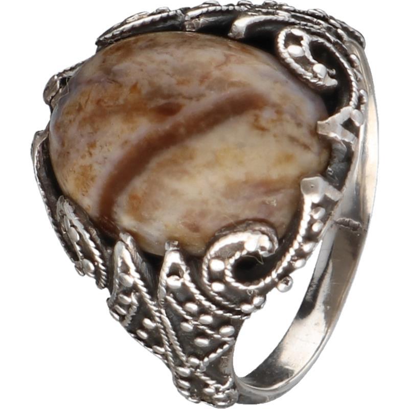 Vintage ring zilver, versteend houtopaal - 925/1000.