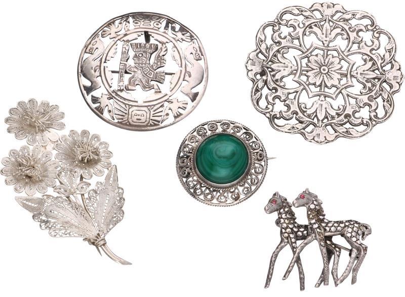 Broches zilver, markasiet en groene/roze siersteen - 925/1000, 835/1000 en BWG.