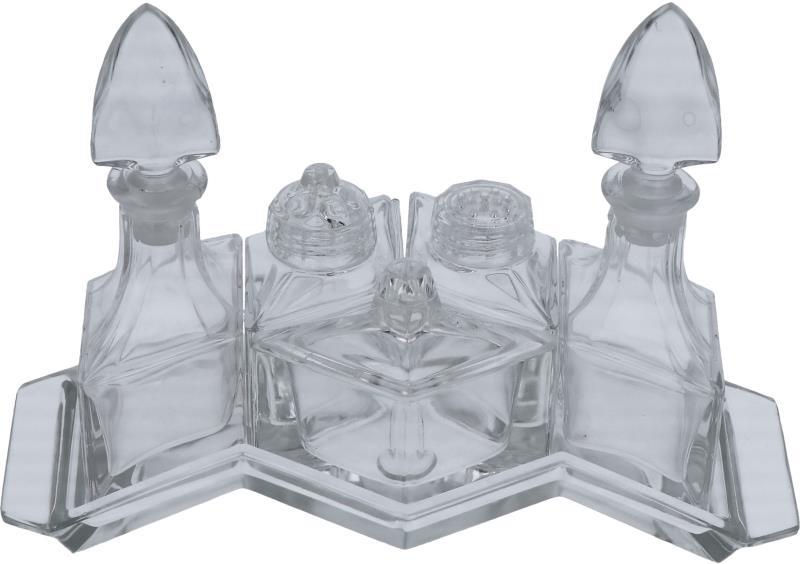 Art deco tafel mosterd- peper- zout- olie en azijn set. 