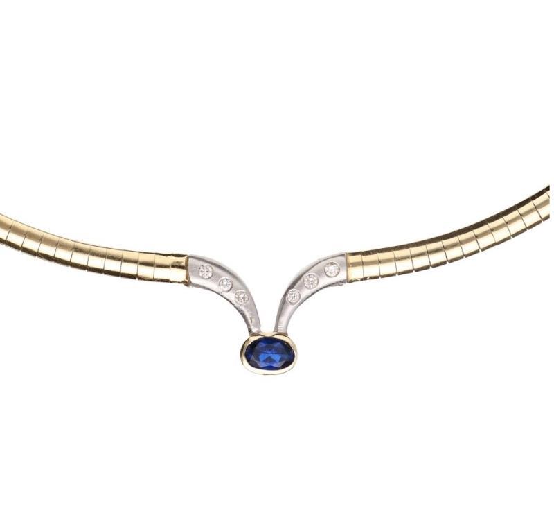 Boa collier bicolor goud, ca. 0,12 ct. diamant en synthetische saffier - 14 kt.