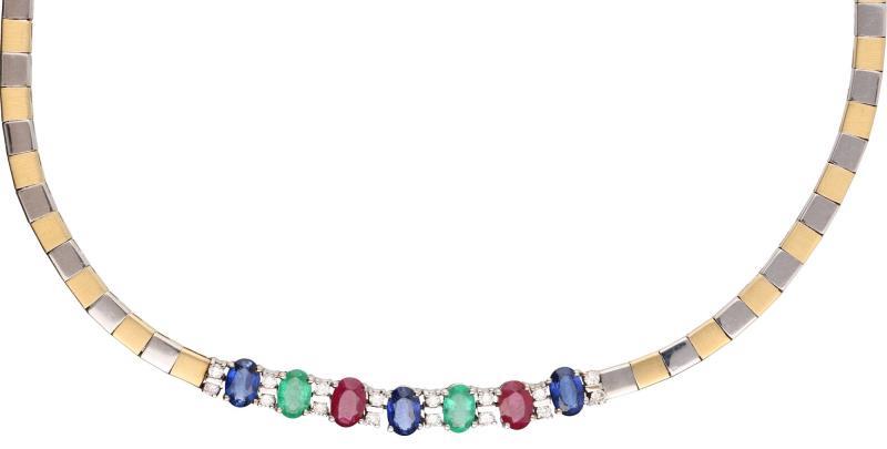 Schakel collier bicolor goud, ca. 0,32 ct. diamant, saffier, robijn en smaragd - 18 kt.