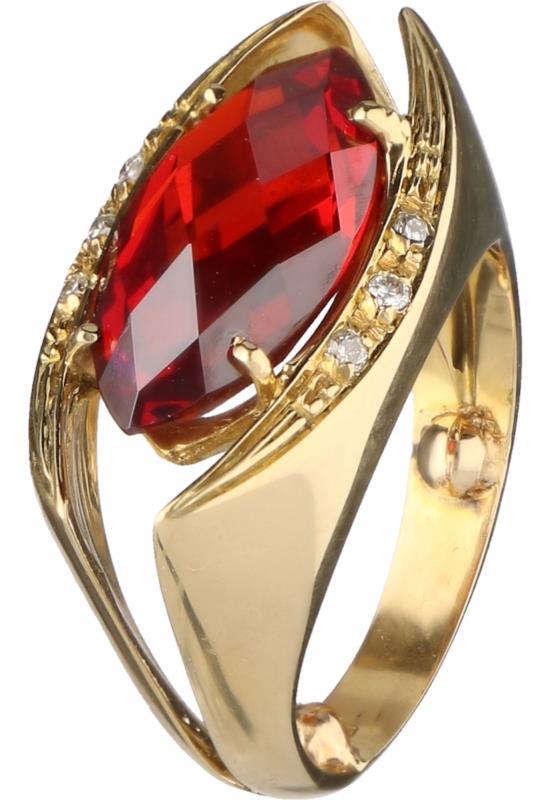Cocktail ring geelgoud, ca. 0,06 ct. diamant en granaat - 18 kt.