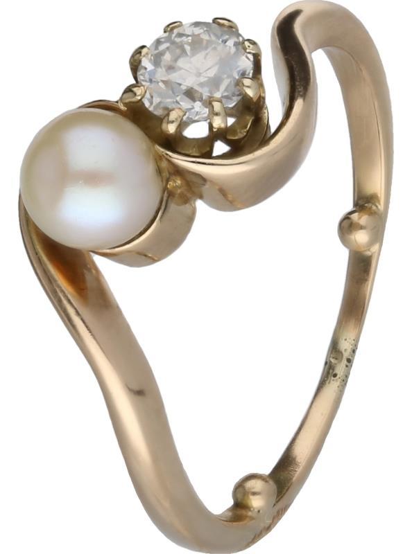 Toi et moi ring geelgoud, ca. 0,28 ct. diamant en cultivé parel - 14 kt.