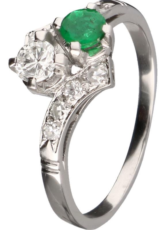 Toi et moi ring witgoud, ca. 0,42 ct. diamant en smaragd - 14 kt.